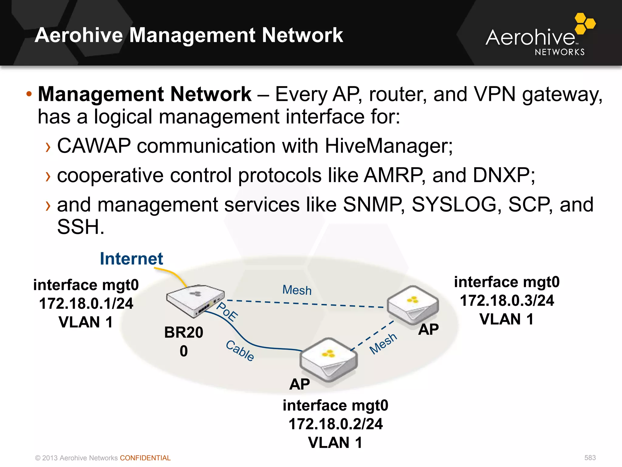 © 2013 Aerohive Networks CONFIDENTIAL
Aerohive Management Network
583
• Management Network – Every AP, router, and VPN gateway,
has a logical management interface for:
› CAWAP communication with HiveManager;
› cooperative control protocols like AMRP, and DNXP;
› and management services like SNMP, SYSLOG, SCP, and
SSH.
BR20
0
AP
AP
Internet
interface mgt0
172.18.0.1/24
VLAN 1
interface mgt0
172.18.0.2/24
VLAN 1
interface mgt0
172.18.0.3/24
VLAN 1
 