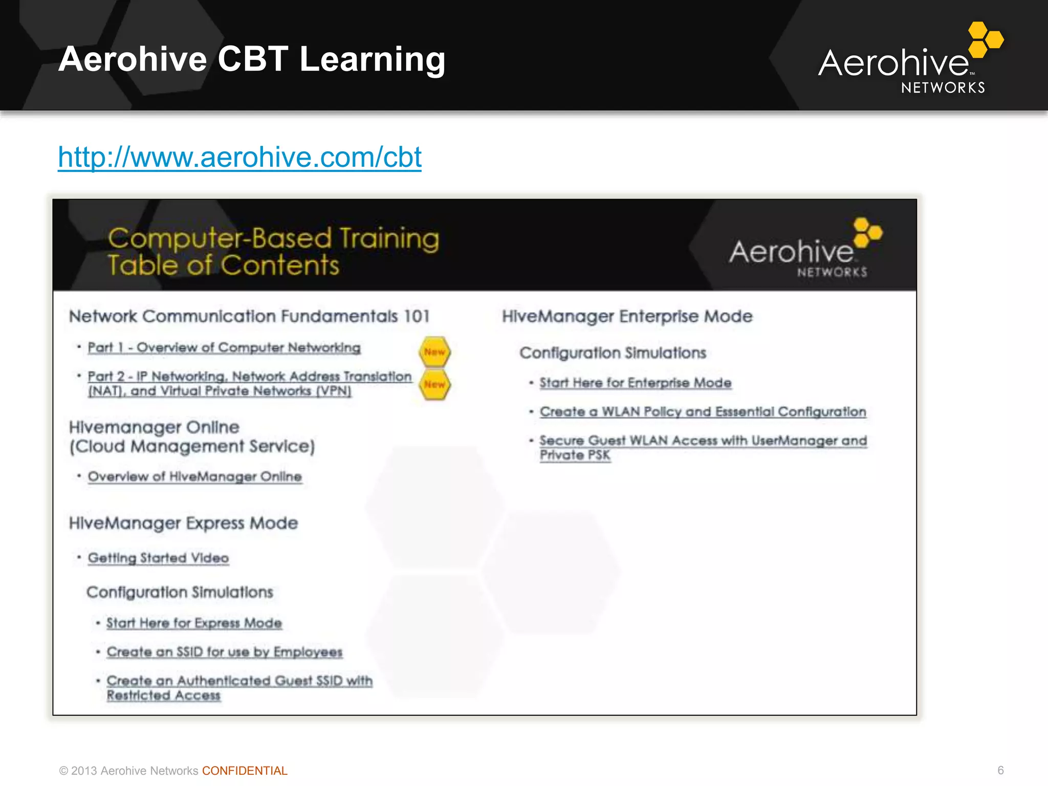 © 2013 Aerohive Networks CONFIDENTIAL
Aerohive CBT Learning
6
http://www.aerohive.com/cbt
 