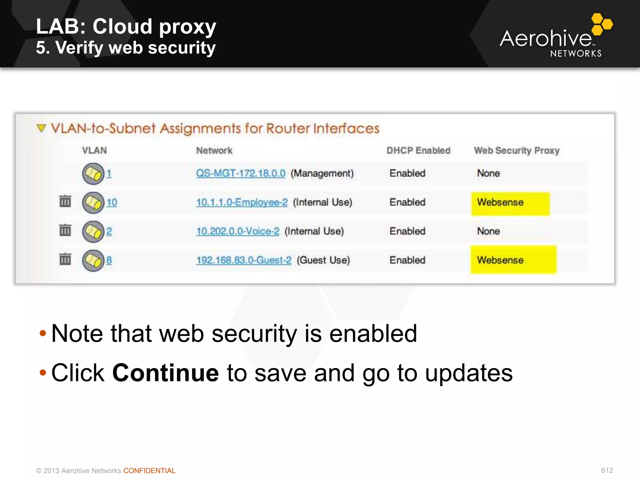 © 2013 Aerohive Networks CONFIDENTIAL 612
• Note that web security is enabled
• Click Continue to save and go to updates
LAB: Cloud proxy
5. Verify web security
 
