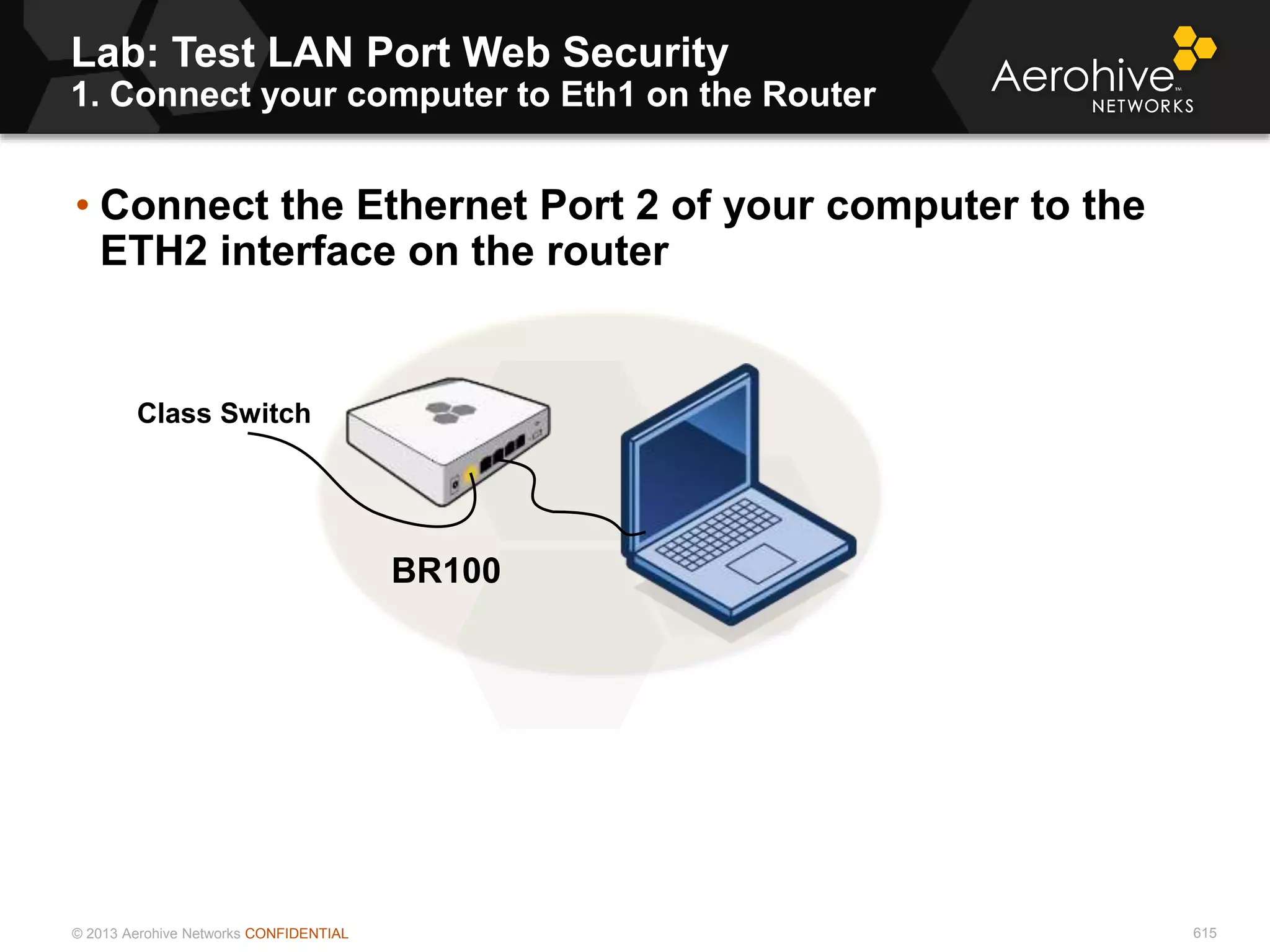 © 2013 Aerohive Networks CONFIDENTIAL
Lab: Test LAN Port Web Security
1. Connect your computer to Eth1 on the Router
615
• Connect the Ethernet Port 2 of your computer to the
ETH2 interface on the router
BR100
Class Switch
 