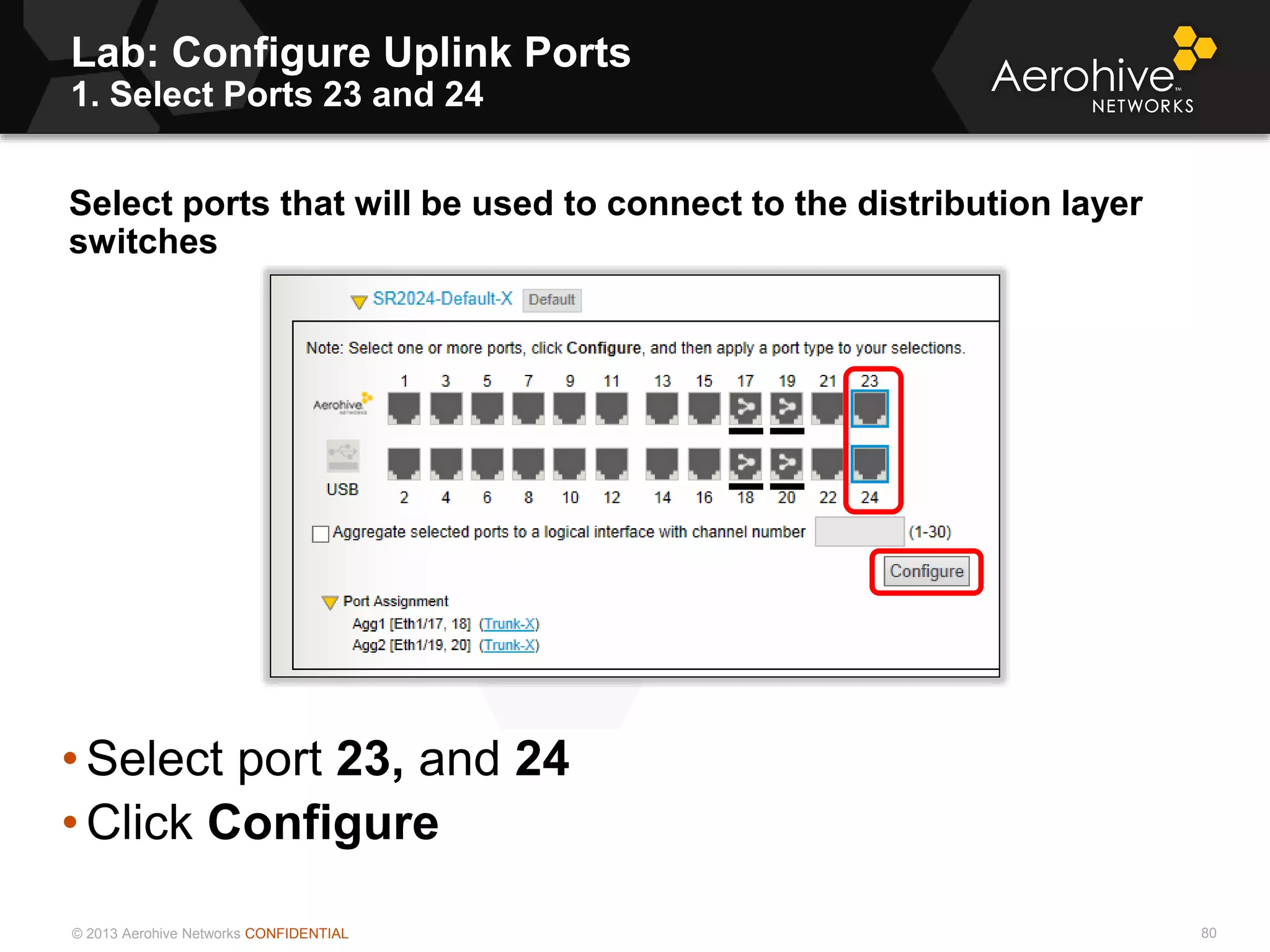 © 2013 Aerohive Networks CONFIDENTIAL
Copyright ©2011
Lab: Configure Uplink Ports
1. Select Ports 23 and 24
Select ports that will be used to connect to the distribution layer
switches
• Select port 23, and 24
• Click Configure
80
 