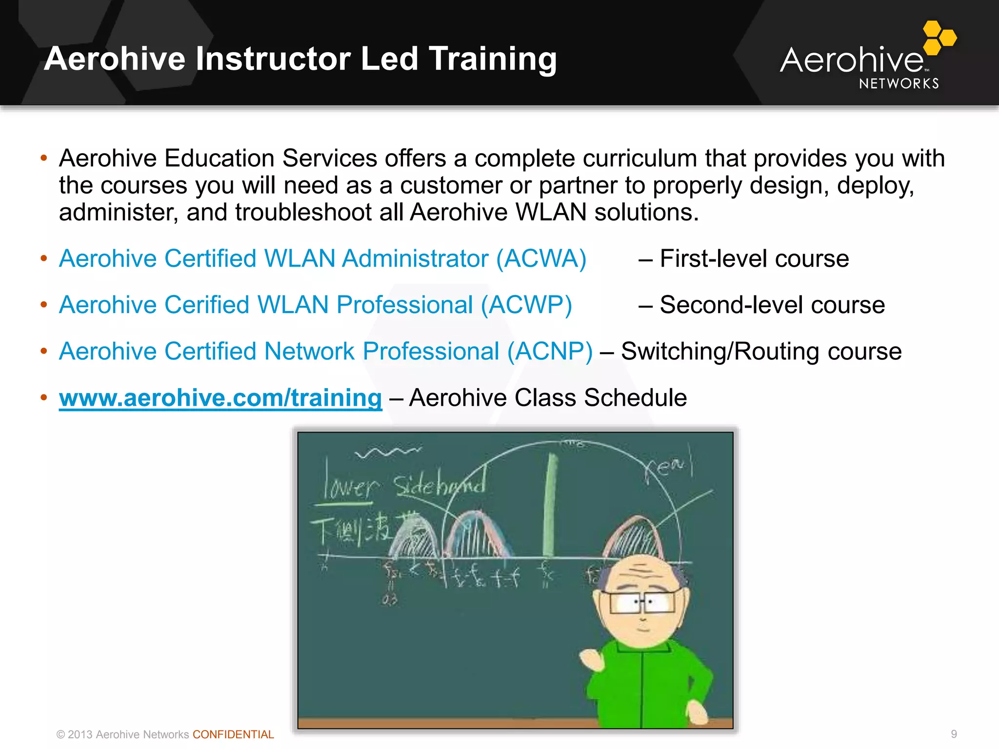 © 2013 Aerohive Networks CONFIDENTIAL
Aerohive Instructor Led Training
9
• Aerohive Education Services offers a complete curriculum that provides you with
the courses you will need as a customer or partner to properly design, deploy,
administer, and troubleshoot all Aerohive WLAN solutions.
• Aerohive Certified WLAN Administrator (ACWA) – First-level course
• Aerohive Cerified WLAN Professional (ACWP) – Second-level course
• Aerohive Certified Network Professional (ACNP) – Switching/Routing course
• www.aerohive.com/training – Aerohive Class Schedule
 