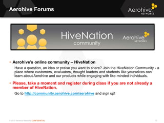 © 2013 Aerohive Networks CONFIDENTIAL
Aerohive Forums
12
• Aerohive’s online community – HiveNation
Have a question, an idea or praise you want to share? Join the HiveNation Community - a
place where customers, evaluators, thought leaders and students like yourselves can
learn about Aerohive and our products while engaging with like-minded individuals.
• Please, take a moment and register during class if you are not already a
member of HiveNation.
Go to http://community.aerohive.com/aerohive and sign up!
 