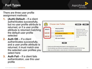 © 2013 Aerohive Networks CONFIDENTIAL
Port Types
142
There are three user profile
assignment methods:
1. (Auth) Default – If a client
authenticates successfully,
but no user profile attribute is
returned, or if a user profile
attribute is returned matching
the default user profile
selected
2. Auth OK – If a client
authenticates successfully,
and a user profile attribute is
returned, it must match one
the selected user profiles you
select here
3. Auth Fail – If a client fails
authentication, use this user
profile
 