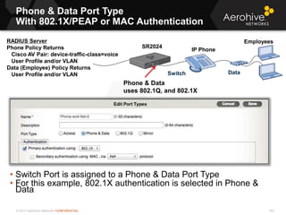 © 2013 Aerohive Networks CONFIDENTIAL
Phone & Data Port Type
With 802.1X/PEAP or MAC Authentication
153
• Switch Port is assigned to a Phone & Data Port Type
• For this example, 802.1X authentication is selected in Phone &
Data
SR2024
Phone & Data
uses 802.1Q, and 802.1X
Switch
IP Phone
Data
RADIUS Server
Phone Policy Returns
Cisco AV Pair: device-traffic-class=voice
User Profile and/or VLAN
Data (Employee) Policy Returns
User Profile and/or VLAN
Employees
 