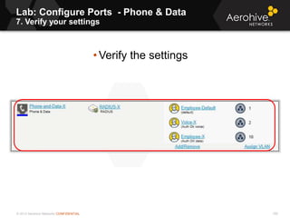 © 2013 Aerohive Networks CONFIDENTIAL
Lab: Configure Ports - Phone & Data
7. Verify your settings
190
• Verify the settings
 