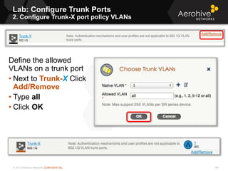 © 2013 Aerohive Networks CONFIDENTIAL
Lab: Configure Trunk Ports
2. Configure Trunk-X port policy VLANs
194
Define the allowed
VLANs on a trunk port
• Next to Trunk-X Click
Add/Remove
• Type all
• Click OK
 