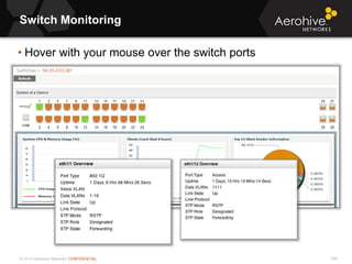 © 2013 Aerohive Networks CONFIDENTIAL
Switch Monitoring
239
• Hover with your mouse over the switch ports
 