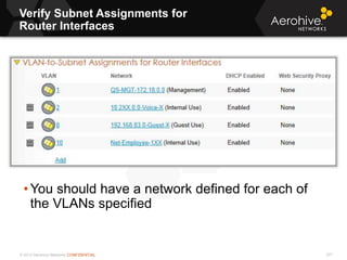 © 2013 Aerohive Networks CONFIDENTIAL
Verify Subnet Assignments for
Router Interfaces
377
• You should have a network defined for each of
the VLANs specified
 