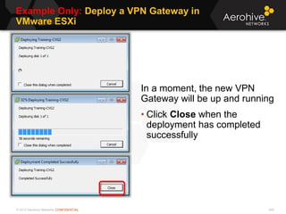 © 2013 Aerohive Networks CONFIDENTIAL
Example Only: Deploy a VPN Gateway in
VMware ESXi
440
In a moment, the new VPN
Gateway will be up and running
• Click Close when the
deployment has completed
successfully
 