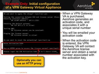 © 2013 Aerohive Networks CONFIDENTIAL
Example Only: Initial configuration
of a VPN Gateway Virtual Appliance
446
• When a VPN Gateway
VA is purchased,
Aerohive generates an
activation code, and
associates it with a
unique serial number
• You will be emailed your
activation code
• When the activation code
is entered, the VPN
Gateway VA will contact
the Aerohive license
server and obtain a serial
number associated with
the activation key.
Optionally you can
use an HTTP proxy
 