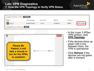 © 2013 Aerohive Networks CONFIDENTIAL
Lab: VPN Diagnostics
7. View the VPN Topology to Verify VPN Status
473
• In the Layer 3 IPSec
VPN section, click
VPN Topology
• If the devices show up
green with a line
between them, the
VPN is operational
• Click Refresh if the
devices are not green
after a moment
Please Be
Patient, it will
take a minute or
two for the VPNs
to establish
 