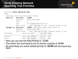 © 2013 Aerohive Networks CONFIDENTIAL
Verify Existing Network
Spanning Tree Priorities
51
CS-Dist-2#show spanning-tree
MST0
Spanning tree enabled protocol mstp
Root ID Priority 12288
Address 000f.23b9.0d80
Cost 0
Port 25 (GigabitEthernet0/1)
Hello Time 2 sec Max Age 20 sec Forward Delay 15 sec
Bridge ID Priority 16384 (priority 16384 sys-id-ext 0)
Address 001f.274c.5180
Hello Time 2 sec Max Age 20 sec Forward Delay 15 sec
Interface Role Sts Cost Prio.Nbr Type
------------------- ---- --- --------- -------- -----
Fa0/24 Desg FWD 200000 128.24 P2p
Gi0/1 Root FWD 200000 128.25 P2p
• Here you can see the Root Priority is: 12288
• The switch this command is run on shows a priority of 16384
• So most likely our switch default priority of: 32768 will not cause any
harm
 