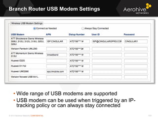 © 2013 Aerohive Networks CONFIDENTIAL 518
• Wide range of USB modems are supported
• USB modem can be used when triggered by an IP-
tracking policy or can always stay connected
Branch Router USB Modem Settings
 