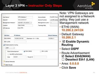 © 2013 Aerohive Networks CONFIDENTIAL
Layer 3 VPN – Instructor Only Steps
556
Note: VPN Gateways are
not assigned to a Network
policy, they just use a
Management network
• ETH0 (WAN)
10.200.2.241/24
• Default Gateway
10.200.2.1
•  Enable Dynamic
Routing
• Select OSPF
• Route Advertisement
 Select Eth0(WAN)
☐ Deselect Eth1 (LAN)
• Area: 0.0.0.0
• Click Save
 