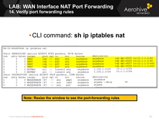 © 2013 Aerohive Networks CONFIDENTIAL 581
LAB: WAN Interface NAT Port Forwarding
14. Verify port forwarding rules
Note: Resize the window to see the port-forwarding rules
• CLI command: sh ip iptables nat
 