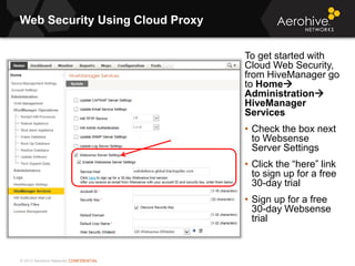 © 2013 Aerohive Networks CONFIDENTIAL
Web Security Using Cloud Proxy
To get started with
Cloud Web Security,
from HiveManager go
to Home
Administration
HiveManager
Services
• Check the box next
to Websense
Server Settings
• Click the “here” link
to sign up for a free
30-day trial
• Sign up for a free
30-day Websense
trial
 