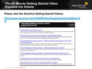 © 2013 Aerohive Networks CONFIDENTIAL
The 20 Minute Getting Started Video
Explains the Details
7
Please view the Aerohive Getting Started Videos:
http://www.aerohive.com/330000/docs/help/english/cbt/Start.ht
m
 