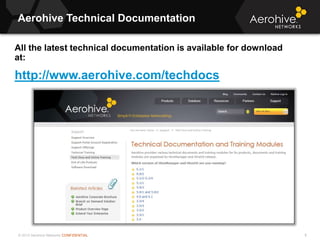 © 2013 Aerohive Networks CONFIDENTIAL
Aerohive Technical Documentation
8
All the latest technical documentation is available for download
at:
http://www.aerohive.com/techdocs
 