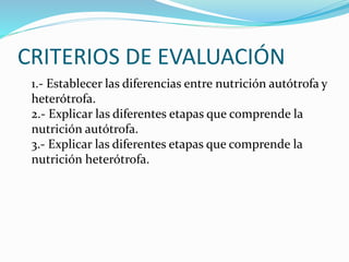 CRITERIOS DE EVALUACIÓN
1.- Establecer las diferencias entre nutrición autótrofa y
heterótrofa.
2.- Explicar las diferentes etapas que comprende la
nutrición autótrofa.
3.- Explicar las diferentes etapas que comprende la
nutrición heterótrofa.
 