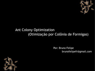 Ant Colony Optimization
        (Otimização por Colônia de Formigas)


                      Por: Bruno Felipe
                             brunofelipefr@gmail.com
 