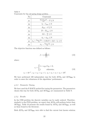 Table 8
Constraints for the coil spring design problem.
                  No                       Constraint
                                    8 Cf Fmax D
                   g1                    πd
                                                     −S ≤0
                   g2                     lf − lmax ≤ 0
                   g3                     dmin − d ≤ 0
                   g4                   D − Dmax ≤ 0
                                                     D
                   g5                     3.0 −      d
                                                         ≤0
                   g6                   σp − σpm ≤ 0
                               Fmax −Fp
                   g7   σp +      K
                                          + 1.05(N + 2)d − lf ≤ 0
                                             Fmax −Fp
                   g8               σw −        K
                                                            ≤0

The objective function was deﬁned as follows:

                                                 8
                                    f = fc           c3 ,
                                                      i                (13)
                                              i=1

where:

                                
                                
                                 1 + si gi if gi > 0,
                           ci = 
                                   1             otherwise,           (14)
            s1 = 10−5 , s2 = s4 = s6 = 1, s3 = s5 = s7 = s8 = 102 .

We have performed 100 independent runs for both ACOR and ACOMV in
order to asses the robustness of the algorithms’ performance.


4.2.3 Parameter Tuning
We have used the F-RACE method for tuning the parameters. The parameters
chosen this way for both ACOR and ACOMV are summarized in Table 9.


4.2.4 Results
In the CSD problem the discrete variables can be easily ordered. Therefore,
similarly to the PVD problem, we expect that ACOR will perform better than
ACOMV . Table 10 presents the results found by ACOR and ACOMV , as well
as those found in the literature.
Both ACOR and ACOMV were able to ﬁnd the current best known solution


                                            22
 