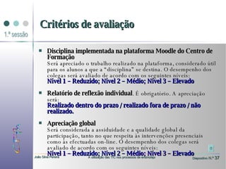 Critérios de avaliação Disciplina implementada na plataforma Moodle do Centro de Formação Será apreciado o trabalho realizado na plataforma, considerado útil para os alunos a que a “disciplina” se destina. O desempenho dos colegas será avaliado de acordo com os seguintes níveis: Nível 1 – Reduzido; Nível 2 – Médio; Nível 3 – Elevado Relatório de reflexão individual . É obrigatório. A apreciação será: Realizado dentro do prazo / realizado fora de prazo / não realizado. Apreciação global   Será considerada a assiduidade e a qualidade global da participação, tanto no que respeita às intervenções presenciais como às efectuadas on-line. O desempenho dos colegas será avaliado de acordo com os seguintes níveis: Nível 1 – Reduzido; Nível 2 – Médio; Nível 3 – Elevado 