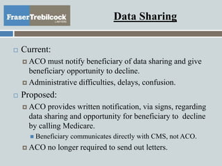 Data Sharing
 Current:
 ACO must notify beneficiary of data sharing and give
beneficiary opportunity to decline.
 Administrative difficulties, delays, confusion.
 Proposed:
 ACO provides written notification, via signs, regarding
data sharing and opportunity for beneficiary to decline
by calling Medicare.
 Beneficiary communicates directly with CMS, not ACO.
 ACO no longer required to send out letters.
 