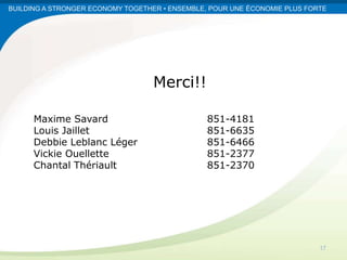BUILDING A STRONGER ECONOMY TOGETHER • ENSEMBLE, POUR UNE ÉCONOMIE PLUS FORTE




                                   Merci!!

      Maxime Savard                             851-4181
      Louis Jaillet                             851-6635
      Debbie Leblanc Léger                      851-6466
      Vickie Ouellette                          851-2377
      Chantal Thériault                         851-2370




                                                                           17
 