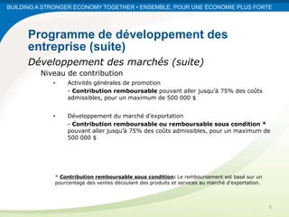 BUILDING A STRONGER ECONOMY TOGETHER • ENSEMBLE, POUR UNE ÉCONOMIE PLUS FORTE




      Programme de développement des
      entreprise (suite)
      Développement des marchés (suite)
         Niveau de contribution
             •   Activités générales de promotion
                 - Contribution remboursable pouvant aller jusqu’à 75% des coûts
                 admissibles, pour un maximum de 500 000 $


             •   Développement du marché d’exportation
                 - Contribution remboursable ou remboursable sous condition *
                 pouvant aller jusqu’à 75% des coûts admissibles, pour un maximum de
                 500 000 $




             * Contribution remboursable sous condition: Le remboursement est basé sur un
             pourcentage des ventes découlant des produits et services au marché d’exportation.




                                                                                                  9
 