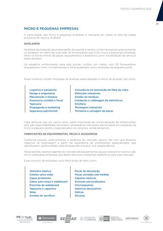 FATOS E NÚMEROS 2012




                                                                                                     71
MICRO E PEQUENAS EMPRESAS
A participação das micro e pequenas empresas é marcante em todos os elos da cadeia
produtiva da náutica no Brasil.

ESTALEIROS

Na esfera da produção de embarcações de esporte e recreio, conforme exposto anteriormente,
os estaleiros se valem de uma rede de fornecedores que inclui micro e pequenas empresas,
tanto no fornecimento de peças, equipamentos e acessórios como na prestação de serviços
especializados.

Os estaleiros entrevistados para este estudo contam, em média, com 20 fornecedores
enquadrados como microempresas e 34 enquadrados como empresas de pequeno porte.



Esses números incluem empresas de diversas especialidades e ramos de atuação, tais como:



    Logística e transporte               Consultoria em laminação de fibra de vidro
    Design e engenharia                  Refeições industriais
    Manutenção e limpeza                 Gestão de resíduos
    Assessoria contábil e fiscal         Instalação e calibragem de eletrônicos
    Tapeçaria                            Estofaria
    Propaganda e marketing               Montagens industriais
    Segurança patrimonial                Tornearia e usinagem de peças



Cabe destacar que, em vários casos, parte importante da comercialização de embarcações
está sob responsabilidade de brokers, empresários individuais estruturados em empresas de
micro e pequeno porte e especializados na compra e venda de barcos.

FABRICANTES DE EQUIPAMENTOS, PEÇAS E ACESSÓRIOS

Conforme exposto anteriormente, a dinâmica do mercado náutico fez com que diversos
negócios se originassem a partir da experiência de profissionais especializados que
identificaram oportunidades para empreender e buscar sua independência.

Nesse sentido, diversos agentes do mercado de equipamentos, peças e acessórios náuticos são
micro e pequenas empresas que detêm técnicas e expertises específicas para esse mercado.

Esse conjunto de empresas inclui fabricantes de itens como:



    Vestuário náutico                    Peças de decoração
    Coletes salva-vidas                  Peças usinadas sob medida
    Capas protetoras                     Capotas náuticas
    Cabos para esqui e wakeboard         Enxovais personalizados
    Pranchas de wakeboard                Churrasqueiras
    Tapeçaria e capachos                 Adesivos decorativos
    Velas                                Hélices
    Anodos de sacrifício                 Âncoras
 