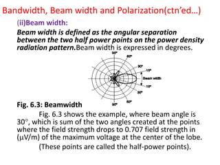Bandwidth, Beam width and Polarization(ctn’ed…)
(ii)Beam width:
Beam width is defined as the angular separation
between the two half power points on the power density
radiation pattern.Beam width is expressed in degrees.
Fig. 6.3: Beamwidth
Fig. 6.3 shows the example, where beam angle is
30, which is sum of the two angles created at the points
where the field strength drops to 0.707 field strength in
(V/m) of the maximum voltage at the center of the lobe.
(These points are called the half-power points).
 