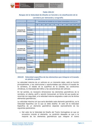 Manual de Carreteras: Diseño Geométrico
Revisada y Corregida a Octubre de 2014
Página 101
Tabla 204.01
Rangos de la Velocidad de Diseño en función a la clasificación de la
carretera por demanda y orografía.
CLASIFICACIÓN OROGRAFÍA
VELOCIDAD DE DISEÑO DE UN TRAMO HOMOGÉNEO VTR (km/h)
30 40 50 60 70 80 90 100 110 120 130
Autopista de
primera clase
Plano
Ondulado
Accidentado
Escarpado
Autopista de
segunda clase
Plano
Ondulado
Accidentado
Escarpado
Carretera de
primera clase
Plano
Ondulado
Accidentado
Escarpado
Carretera de
segunda clase
Plano
Ondulado
Accidentado
Escarpado
Carretera de
tercera clase
Plano
Ondulado
Accidentado
Escarpado
204.03 Velocidad específica de los elementos que integran el trazado
en planta y perfil
La velocidad máxima de un vehículo en un momento dado, está en función
principalmente, a las restricciones u oportunidades que ofrezca el trazado de
la carretera, el estado de la superficie de la calzada, las condiciones
climáticas, la intensidad del tráfico y las características del vehículo.
En tal sentido, es necesario dimensionar los elementos geométricos de la
carretera, en planta, perfil y sección transversal, en forma tal que pueda ser
recorrida con seguridad, a la velocidad máxima asignada a cada uno de dichos
elementos geométricos.
La velocidad máxima con que sería abordado cada elemento geométrico, es la
Velocidad Específica con la que se debe diseñar. El valor de la Velocidad
Específica de un elemento geométrico depende esencialmente de los
siguientes parámetros:
 Del valor de la Velocidad de Diseño del Tramo Homogéneo en que se
encuentra incluido el elemento. La condición deseable es que a la
mayoría de los elementos geométricos que integran el tramo
 