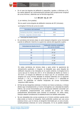 Manual de Carreteras: Diseño Geométrico
Revisada y Corregida a Octubre de 2014
Página 135
 En el caso de ángulos de deflexión Δ pequeños, iguales o inferiores a 5º,
los radios deberán ser suficientemente grandes para proporcionar longitud
de curva mínima L obtenida con la fórmula siguiente:
L > 30 (10 - Δ), Δ < 5º
(L en metros; Δ en grados)
No se usará nunca ángulos de deflexión menores de 59' (minutos).
La longitud mínima de curva (L) será:
Carretera red nacional L (m)
Autopista de primer y segunda clase 6 V
Primera , segunda y tercera clase 3 V
V = Velocidad de diseño (km/h)
 En carreteras de tercera clase no será necesario disponer curva horizontal
cuando la deflexión máxima no supere los valores del siguiente cuadro:
Velocidad de diseño Km/h
Deflexión máxima aceptable
sin curva circular
30 2º 30´
40 2º 15´
50 1º 50´
60 1º 30´
70 1º 20´
80 1º 10´
En estas carreteras de tercera clase y para evitar la apariencia de
alineamiento quebrado o irregular, es deseable que, para ángulos de
deflexión mayores a los indicados en el cuadro anterior, la longitud de la
curva sea por lo menos de 150 m. Si la velocidad de diseño es menor a
50 km/h y el ángulo de deflexión es mayor que 5º, se considera como
longitud de curva mínima deseada la longitud obtenida con la siguiente
fórmula L = 3V (L = longitud de curva en metros y V = velocidad en
km/h). Es preferible no diseñar longitudes de curvas horizontales
mayores a 800 metros.
 Al final de las tangentes extensas o tramos con leves curvaturas, o incluso
dónde siga inmediatamente un tramo homogéneo con velocidad de diseño
inferior, las curvas horizontales que se introduzcan deberán concordar con
la precedente, proporcionando una sucesión de curvas con radios
gradualmente decrecientes para orientar al conductor. En estos casos,
siempre deberá considerarse el establecimiento de señales adecuadas.
 No son deseables dos curvas sucesivas en el mismo sentido cuando entre
ellas existe un tramo en tangente. Será preferible sustituir por una curva
extensa única o, por lo menos, la tangente intermedia por un arco circular,
constituyéndose entonces en curva compuesta. Si no es posible adoptar
 