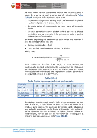 Manual de Carreteras: Diseño Geométrico
Revisada y Corregida a Octubre de 2014
Página 144
la curva. Puede resultar conveniente adoptar esta solución cuando el
radio de la curva es igual o mayor que el indicado en la Tabla
302.05, en alguna de las siguientes situaciones:
 La pendiente longitudinal es muy baja y la transición de peralte
agudizará el problema de drenaje de la vía.
 Se desea evitar el escurrimiento de agua hacia el separador
central.
 En zonas de transición dónde existen ramales de salida o entrada
asociados a una curva amplia de la carretera, se evita el quiebre
de la arista común entre ellas.
El criterio empleado para establecer los radios límites que permiten el
uso del contraperalte se basa en:
 Bombeo considerado = -2,5%
 Coeficiente de fricción lateral aceptable ƒ = ƒmáx/2
Por lo tanto:
í
( )
Para velocidades menores a 80 km/h, el radio mínimo con
contraperalte se elevó sustancialmente en prevención de velocidades
de operación muy superiores a las de diseño. Para las demás
velocidades esta eventualidad está ampliamente cubierta por el factor
de seguridad aplicado al factor "ƒmáx".
Tabla 302.05
Radio límites en contraperalte vías pavimentadas
Velocidad
(km/h)
60 70 80 90 100 110 120 130
(ƒ máx/2-0,0250) 0,05 0,05 0,045 0,04 0,04 0,035 0,03 0.25
RL Calculado 567 772 1.120 1.560 1.970 2.722 3.780 5.322
RL Adoptado 1.000 1.000 1.200 1.600 2.000 2.800 4.000 5.500
En sectores singulares del trazado, tales como transiciones de dos
vías a una vía, o bien, dónde se deba modificar el ancho de la
mediana para crear carriles auxiliares de tránsito rápido, situaciones
que deberán señalizarse con la debida anticipación y con indicación
de la velocidad máxima aceptable, se podrán diseñar curvas en
contraperalte, pero en ese caso se respetarán los radios iguales o
mayores que los especificados en la Tabla 302.06.
 