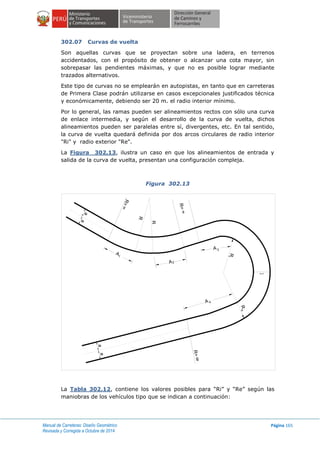 Manual de Carreteras: Diseño Geométrico
Revisada y Corregida a Octubre de 2014
Página 165
302.07 Curvas de vuelta
Son aquellas curvas que se proyectan sobre una ladera, en terrenos
accidentados, con el propósito de obtener o alcanzar una cota mayor, sin
sobrepasar las pendientes máximas, y que no es posible lograr mediante
trazados alternativos.
Este tipo de curvas no se emplearán en autopistas, en tanto que en carreteras
de Primera Clase podrán utilizarse en casos excepcionales justificados técnica
y económicamente, debiendo ser 20 m. el radio interior mínimo.
Por lo general, las ramas pueden ser alineamientos rectos con sólo una curva
de enlace intermedia, y según el desarrollo de la curva de vuelta, dichos
alineamientos pueden ser paralelas entre sí, divergentes, etc. En tal sentido,
la curva de vuelta quedará definida por dos arcos circulares de radio interior
"Ri" y radio exterior "Re".
La Figura 302.13, ilustra un caso en que los alineamientos de entrada y
salida de la curva de vuelta, presentan una configuración compleja.
Figura 302.13
La Tabla 302.12, contiene los valores posibles para “Ri” y “Re” según las
maniobras de los vehículos tipo que se indican a continuación:
A
A
A
Re-Ri
a
a
R=
8
R
R
R=
8
R
R
R=
8
aa
1
3
A 4
i
e
2
 
