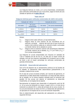 Manual de Carreteras: Diseño Geométrico
Revisada y Corregida a Octubre de 2014
Página 175
Las holguras teóricas en recta y en curva ensanchada, consideradas
para vehículos comerciales de 2,6 m de ancho, según el ancho de una
calzada se aprecia en la tabla 302.19:
Tabla 302.19
Holguras teóricas para vehículos comerciales de 2,60 m de ancho
Calzada de 7,20 m Calzada de 6,0 m
En recta
En curva
ensanchada
En recta En curva ensanchada
h1 0,5 m 0,6 m 0,3 m 0,45 m
h2 0,4 m 0,4 m 0,1 m 0,05 m
h2 ext 0,4m 0,0 m 0,1 m 0,0 m
Dónde:
h1 : holgura entre cada vehículo y el eje demarcado.
h2 : holgura entre la cara exterior de los neumáticos de un
vehículo y el borde exterior del carril por el que circula (en
recta) o de la última rueda de un vehículo simple o articulado
y el borde interior de la calzada en curvas.
h2ext: holgura entre el extremo exterior del parachoques delantero
y el borde exterior de la calzada, h2ext ≈ h2 en recta y h2ext =
0 en curvas ensanchadas.
Las holguras en curvas ensanchadas son mayores en calzadas de
7,20 m respecto de las de 6,0 m, no sólo por el mayor ancho de
calzada, sino por las mayores velocidades de circulación que en ellas
se tiene y por el mayor porcentaje de vehículos comerciales de
grandes dimensiones.
302.09.02 Desarrollo del sobreancho
Con el fin de disponer de un alineamiento continuo en los bordes de
la calzada, el sobreancho debe desarrollarse gradualmente a la
entrada y salida de las curvas.
En el caso de curvas circulares simples, por razones de apariencia, el
sobreancho se debe desarrollar linealmente a lo largo del lado interno
de la calzada, en la misma longitud utilizada para la transición del
peralte. En las curvas con espiral, el sobreancho se desarrolla
linealmente, en la longitud de la espiral.
Normalmente la longitud para desarrollar el sobreancho será de 40
m. Si la curva de transición es mayor o igual a 40 m, el inicio de la
transición se ubicará 40 m, antes del principio de la curva circular. Si
la curva de transición es menor de 40 m, el desarrollo del sobreancho
se ejecutará en la longitud de la curva de transición disponible.
Para la determinación del desarrollo del sobreancho se utilizará la
siguiente fórmula:
 