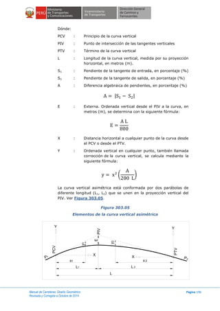 Manual de Carreteras: Diseño Geométrico
Revisada y Corregida a Octubre de 2014
Página 196
Dónde:
PCV : Principio de la curva vertical
PIV : Punto de intersección de las tangentes verticales
PTV : Término de la curva vertical
L : Longitud de la curva vertical, medida por su proyección
horizontal, en metros (m).
S1 : Pendiente de la tangente de entrada, en porcentaje (%)
S2 : Pendiente de la tangente de salida, en porcentaje (%)
A : Diferencia algebraica de pendientes, en porcentaje (%)
| |
E : Externa. Ordenada vertical desde el PIV a la curva, en
metros (m), se determina con la siguiente fórmula:
X : Distancia horizontal a cualquier punto de la curva desde
el PCV o desde el PTV.
Y : Ordenada vertical en cualquier punto, también llamada
corrección de la curva vertical, se calcula mediante la
siguiente fórmula:
( )
La curva vertical asimétrica está conformada por dos parábolas de
diferente longitud (L1, L2) que se unen en la proyección vertical del
PIV. Ver Figura 303.05.
Figura 303.05
Elementos de la curva vertical asimétrica
PTV
PCV
Y
PIV
Y
L
X
X
L L1 2
x1 x2
y
y1
2
E
2P1P
 