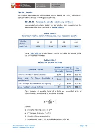 Manual de Carreteras: Diseño Geométrico
Revisada y Corregida a Octubre de 2014
Página 215
304.06 Peralte
Inclinación transversal de la carretera en los tramos de curva, destinada a
contrarrestar la fuerza centrífuga del vehículo.
304.06.01 Valores del peralte (máximos y mínimos)
Las curvas horizontales deben ser peraltadas; con excepción de los
valores establecidos fijados en la Tabla 304.04.
Tabla 304.04
Valores de radio a partir de los cuales no es necesario peralte
Velocidad
(km/h)
40 60 80 ≥100
Radio (m) 3.500 3.500 3.500 7.500
En la Tabla 304.05 se indican los valores máximos del peralte, para
las condiciones descritas:
Tabla 304.05
Valores de peralte máximo
Pueblo o ciudad
Peralte Máximo (p) Ver
FiguraAbsoluto Normal
Atravesamiento de zonas urbanas 6,0% 4,0% 302.02
Zona rural (T. Plano, Ondulado o
Accidentado)
8,0% 6,0% 302.03
Zona rural (T. Accidentado o Escarpado) 12,0 8,0% 302.04
Zona rural con peligro de hielo 8,0 6,0% 302.05
Para calcular el peralte bajo el criterio de seguridad ante el
deslizamiento, se utilizará la siguiente fórmula:
Dónde:
p : Peralte máximo asociado a V
V : Velocidad de diseño (km/h)
R : Radio mínimo absoluto (m)
F : Coeficiente de fricción lateral máximo asociado a V
 