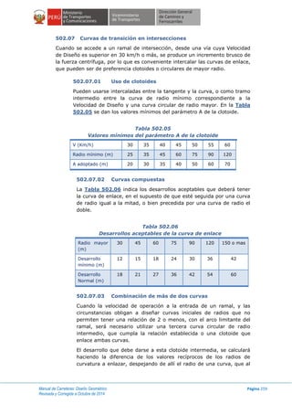 Manual de Carreteras: Diseño Geométrico
Revisada y Corregida a Octubre de 2014
Página 259
502.07 Curvas de transición en intersecciones
Cuando se accede a un ramal de intersección, desde una vía cuya Velocidad
de Diseño es superior en 30 km/h o más, se produce un incremento brusco de
la fuerza centrífuga, por lo que es conveniente intercalar las curvas de enlace,
que pueden ser de preferencia clotoides o circulares de mayor radio.
502.07.01 Uso de clotoides
Pueden usarse intercaladas entre la tangente y la curva, o como tramo
intermedio entre la curva de radio mínimo correspondiente a la
Velocidad de Diseño y una curva circular de radio mayor. En la Tabla
502.05 se dan los valores mínimos del parámetro A de la clotoide.
Tabla 502.05
Valores mínimos del parámetro A de la clotoide
V (Km/h) 30 35 40 45 50 55 60
Radio mínimo (m) 25 35 45 60 75 90 120
A adoptado (m) 20 30 35 40 50 60 70
502.07.02 Curvas compuestas
La Tabla 502.06 indica los desarrollos aceptables que deberá tener
la curva de enlace, en el supuesto de que esté seguida por una curva
de radio igual a la mitad, o bien precedida por una curva de radio el
doble.
Tabla 502.06
Desarrollos aceptables de la curva de enlace
Radio mayor
(m)
30 45 60 75 90 120 150 o mas
Desarrollo
mínimo (m)
12 15 18 24 30 36 42
Desarrollo
Normal (m)
18 21 27 36 42 54 60
502.07.03 Combinación de más de dos curvas
Cuando la velocidad de operación a la entrada de un ramal, y las
circunstancias obligan a diseñar curvas iniciales de radios que no
permiten tener una relación de 2 o menos, con el arco limitante del
ramal, será necesario utilizar una tercera curva circular de radio
intermedio, que cumpla la relación establecida o una clotoide que
enlace ambas curvas.
El desarrollo que debe darse a esta clotoide intermedia, se calculará
haciendo la diferencia de los valores recíprocos de los radios de
curvatura a enlazar, despejando de allí el radio de una curva, que al
 