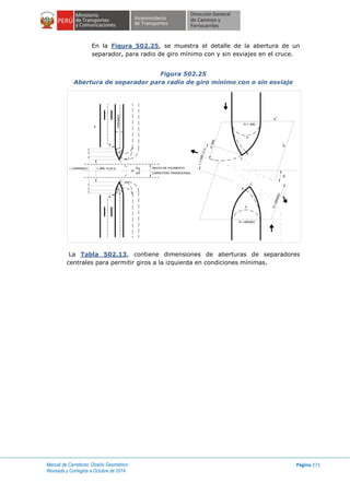Manual de Carreteras: Diseño Geométrico
Revisada y Corregida a Octubre de 2014
Página 271
En la Figura 502.25, se muestra el detalle de la abertura de un
separador, para radio de giro mínimo con y sin esviajes en el cruce.
Figura 502.25
Abertura de separador para radio de giro mínimo con o sin esviaje
La Tabla 502.13, contiene dimensiones de aberturas de separadores
centrales para permitir giros a la izquierda en condiciones mínimas.
R = MÍN
A
R = MÍNIMO
L=MÍN12m
RMÍN.
L (VARIABLE) L MÍN 12.00 m
R
R ANCHO DE PAVIMENTO
CARRETERA TRANSVERSAL
R
R
A
VARIABLE
B
C
R1
R
1
C
B
A
R=MÍNIMO
 