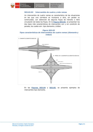 Manual de Carreteras: Diseño Geométrico
Revisada y Corregida a Octubre de 2014
Página 281
503.02.02 Intercambio de cuatro y más ramas
Un intercambio de cuatro ramas es característico de las situaciones
en las que una carretera se incorpora a otra, sin perder su
continuidad, con detención de algunos flujos de tránsito o libre
circulación de todos los flujos. En la Figura 503.03, se presentan los
dos tipos más característicos de intercambio con y sin condición de
parada, los cuales son: tipo diamante y trébol.
Figura 503.03
Tipos característicos de intercambios de cuatro ramas (diamante y
trébol)
En las Figuras 503.04 y 503.05, se presenta ejemplos de
intercambio tipo diamante.
CARRIL C-D
CARRIL COLECTOR DISTRIBUIDOR (C-D)
LAZO
RAMAL DIRECTO
RAMAL SEMIDIRECTO
B.- TRÉBOL DE 4 CUADRANTES (ELEMENTOS BÁSICOS)
A.- DIAMANTE (ELEMENTOS BÁSICOS)
 