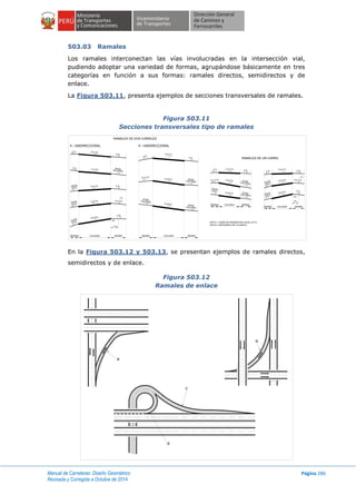 Manual de Carreteras: Diseño Geométrico
Revisada y Corregida a Octubre de 2014
Página 286
503.03 Ramales
Los ramales interconectan las vías involucradas en la intersección vial,
pudiendo adoptar una variedad de formas, agrupándose básicamente en tres
categorías en función a sus formas: ramales directos, semidirectos y de
enlace.
La Figura 503.11, presenta ejemplos de secciones transversales de ramales.
Figura 503.11
Secciones transversales tipo de ramales
En la Figura 503.12 y 503.13, se presentan ejemplos de ramales directos,
semidirectos y de enlace.
Figura 503.12
Ramales de enlace
CALZADABERMA BERMA CALZADABERMA BERMA
CALZADABERMA BERMA
CALZADABERMA BERMA
A.- UNIDIRECCIONAL A.- UNIDIRECCIONAL
RAMALES DE UN CARRIL
RAMALES DE DOS CARRILES
NOTA 1: SUMA DE PENDIENTES IGUAL A 8 %
NOTA 2: REDONDEO DE LA ARISTA
6 a 8 %
4 a 6 %
6 a 8 %
2 a 4 %
4 a 6 %
2 a 4 %
4 a 6 %
6 a 8 %
> a 4 %
2 a 4 %
2 a 4 %
6 a 8 %
4 a 6 %
2 a 4 %
IGUAL
CALZ.
IGUAL
CALZ.
IGUAL
CALZ.
2 %
2 %
4 %
4 %
4 %
4 o 2 %
4 o 2 %
2 %
4 %
4 %
4 o 2 %
4 %
4 %
4 o 2 %
2 %
4 %
IGUAL
CALZ.
IGUAL
CALZADA
IGUAL
CALZADA
IGUAL
CALZADA
IGUAL
CALZADA
IGUALCALZADA
IGUAL
CALZADA
IGUAL
CALZ.
IGUAL
CALZ.
1m
(2)
(1)
1 m
(2)
(1)
d
c
b
a
 