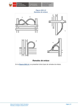 Manual de Carreteras: Diseño Geométrico
Revisada y Corregida a Octubre de 2014
Página 287
Figura 503.13
Ramales de enlace
En la Figura 503.14, se presentan otros tipos de ramales de enlace.
b a
d
e
c
Ramales de enlace
 