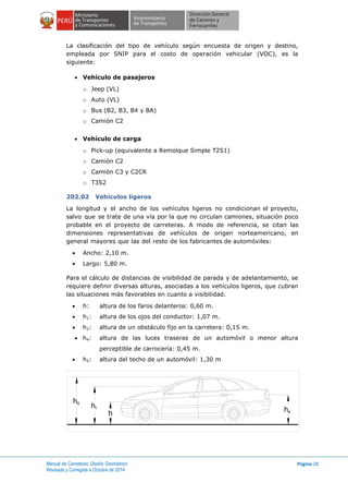 Manual de Carreteras: Diseño Geométrico
Revisada y Corregida a Octubre de 2014
Página 28
La clasificación del tipo de vehículo según encuesta de origen y destino,
empleada por SNIP para el costo de operación vehicular (VOC), es la
siguiente:
 Vehículo de pasajeros
o Jeep (VL)
o Auto (VL)
o Bus (B2, B3, B4 y BA)
o Camión C2
 Vehículo de carga
o Pick-up (equivalente a Remolque Simple T2S1)
o Camión C2
o Camión C3 y C2CR
o T3S2
202.02 Vehículos ligeros
La longitud y el ancho de los vehículos ligeros no condicionan el proyecto,
salvo que se trate de una vía por la que no circulan camiones, situación poco
probable en el proyecto de carreteras. A modo de referencia, se citan las
dimensiones representativas de vehículos de origen norteamericano, en
general mayores que las del resto de los fabricantes de automóviles:
 Ancho: 2,10 m.
 Largo: 5,80 m.
Para el cálculo de distancias de visibilidad de parada y de adelantamiento, se
requiere definir diversas alturas, asociadas a los vehículos ligeros, que cubran
las situaciones más favorables en cuanto a visibilidad.
 h: altura de los faros delanteros: 0,60 m.
 h1: altura de los ojos del conductor: 1,07 m.
 h2: altura de un obstáculo fijo en la carretera: 0,15 m.
 h4: altura de las luces traseras de un automóvil o menor altura
perceptible de carrocería: 0,45 m.
 h5: altura del techo de un automóvil: 1,30 m
h
h
h
h5
1
4
 