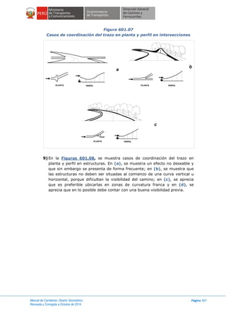 Manual de Carreteras: Diseño Geométrico
Revisada y Corregida a Octubre de 2014
Página 307
Figura 601.07
Casos de coordinación del trazo en planta y perfil en intersecciones
9) En la Figuras 601.08, se muestra casos de coordinación del trazo en
planta y perfil en estructuras. En (a), se muestra un efecto no deseable y
que sin embargo se presenta de forma frecuente; en (b), se muestra que
las estructuras no deben ser situadas al comienzo de una curva vertical u
horizontal, porque dificultan la visibilidad del camino; en (c), se aprecia
que es preferible ubicarlas en zonas de curvatura franca y en (d), se
aprecia que en lo posible debe contar con una buena visibilidad previa.
PLANTA PERFIL PLANTA PERFIL
PERFILPLANTA
a
b
c
 