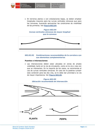 Manual de Carreteras: Diseño Geométrico
Revisada y Corregida a Octubre de 2014
Página 312
 En terrenos planos o con ondulaciones bajas, se deben emplear
longitudes mayores para las curvas verticales cóncavas que para
las convexas, buscando aprovechar las condiciones de visibilidad
de las primeras. Ver Figura 602.04.
Figura 602.04
Curvas verticales cóncavas de mayor longitud
que la convexa
602.02.02 Combinaciones recomendables de la carretera con
sus elementos complementarios
Puentes e intersecciones:
 Las intersecciones deben estar ubicadas en zonas de amplia
visibilidad, tanto en la vía de circulación, como en la vía o vías con
que se intersectan. En la mayoría de los casos, se recomienda el
uso de curvas verticales cóncavas. En caso de no poderse cumplir
esta condición para las dos vías, se le debe dar prioridad a la vía
de mayor importancia. Ver Figura 602.05.
Figura 602.05
Ubicación recomendada de intersección
PLANTA PERFIL
 