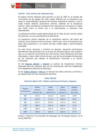 Manual de Carreteras: Diseño Geométrico
Revisada y Corregida a Octubre de 2014
Página 31
202.04 Giro mínimo de vehículos tipo
El espacio mínimo absoluto para ejecutar un giro de 180º en el sentido del
movimiento de las agujas del reloj, queda definido por la trayectoria que
sigue la rueda delantera izquierda del vehículo (trayectoria exterior) y por la
rueda trasera derecha (trayectoria interior). Además de la trayectoria
exterior, debe considerarse el espacio libre requerido por la sección en volado
que existe entre el primer eje y el parachoques, o elemento más
sobresaliente.
La trayectoria exterior queda determinada por el radio de giro mínimo propio
del vehículo y es una característica de fabricación.
La trayectoria interior depende de la trayectoria exterior, del ancho del
vehículo, de la distancia entre el primer y último eje y de la circunstancia que
estos ejes pertenecen a un camión del tipo unidad rígida o semirremolque
articulado.
De esta forma camiones y ómnibus en general, requerirán dimensiones
geométricas más generosas que en el caso de vehículos ligeros. Ello se debe a
que, en su mayoría, los primeros son más anchos, tienen distancias entre ejes
más largas y mayor radio mínimo de giro, que son las principales dimensiones
de los vehículos que afectan el alineamiento horizontal y la sección
transversal
En las Figuras 202.01 a 202.54 se ilustran las trayectorias mínimas
obtenidas para los vehículos tipo con las dimensiones máximas establecidas
en el Reglamento Nacional de Vehículos.
En las Tablas 202.02 a 202.11 se incluyen los radios máximos y mínimos y
los ángulos para las seis trayectorias descritas.
Tabla 202.02
Vehículo ligero (VL) Radios máximos/mínimos y ángulos
Similar a “Minimum Turning Path for Passenger Car (P) Design Vehicle”, en la
norma AASTHO.
Ángulo
trayectoria
Rmáx
exterior
vehículo (E)
Rmín
interior
vehículo (I)
Rmín
Interior
Rueda (J)
Ángulo
máximo
dirección
30º 7,76 m 5,14 m 5,28 m 17,8º
60º 7,84 m 4,73 m 4,88 m 24,2º
90º 7,87 m 4,59 m 4,74 m 26,4º
120º 7,88 m 4,54 m 4,69 m 27,3º
150º 7,88 m 4,52 m 4,67 m 27,6º
180º 7,88 m 4,51 m 4,66 m 27,7º
 