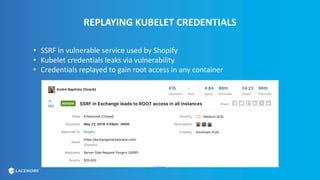 REPLAYING KUBELET CREDENTIALS
• SSRF in vulnerable service used by Shopify
• Kubelet credentials leaks via vulnerability
• Credentials replayed to gain root access in any container
 