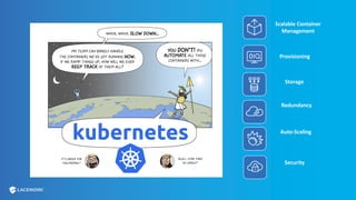 Scalable Container
Management
Provisioning
Security
Storage
Redundancy
Auto-Scaling
 
